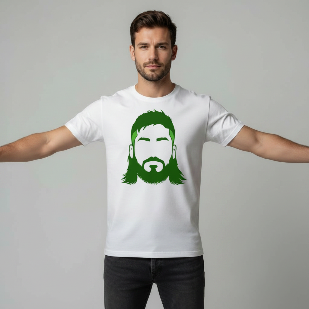 Male model with arms extended out to the sides wearing white rugby t-shirt with Joe McCarthy graphic on light grey studio background