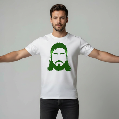 Male model with arms extended out to the sides wearing white rugby t-shirt with Joe McCarthy graphic on light grey studio background