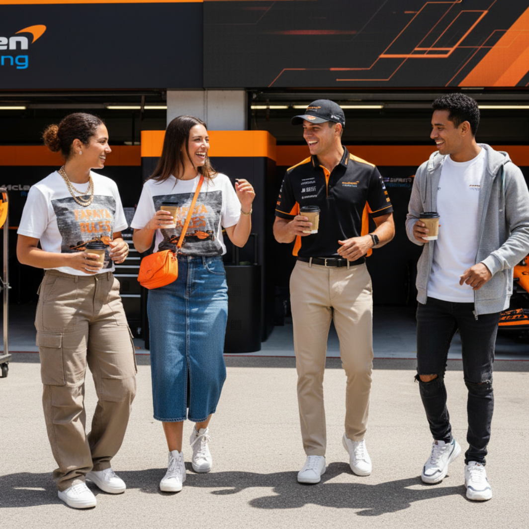 Group of motorsport fans at a paddock event, two wearing official McLaren merchandise and two wearing white organic cotton Papaya Rules graffiti art t-shirts, styled with modern fashion and motorsport branding.