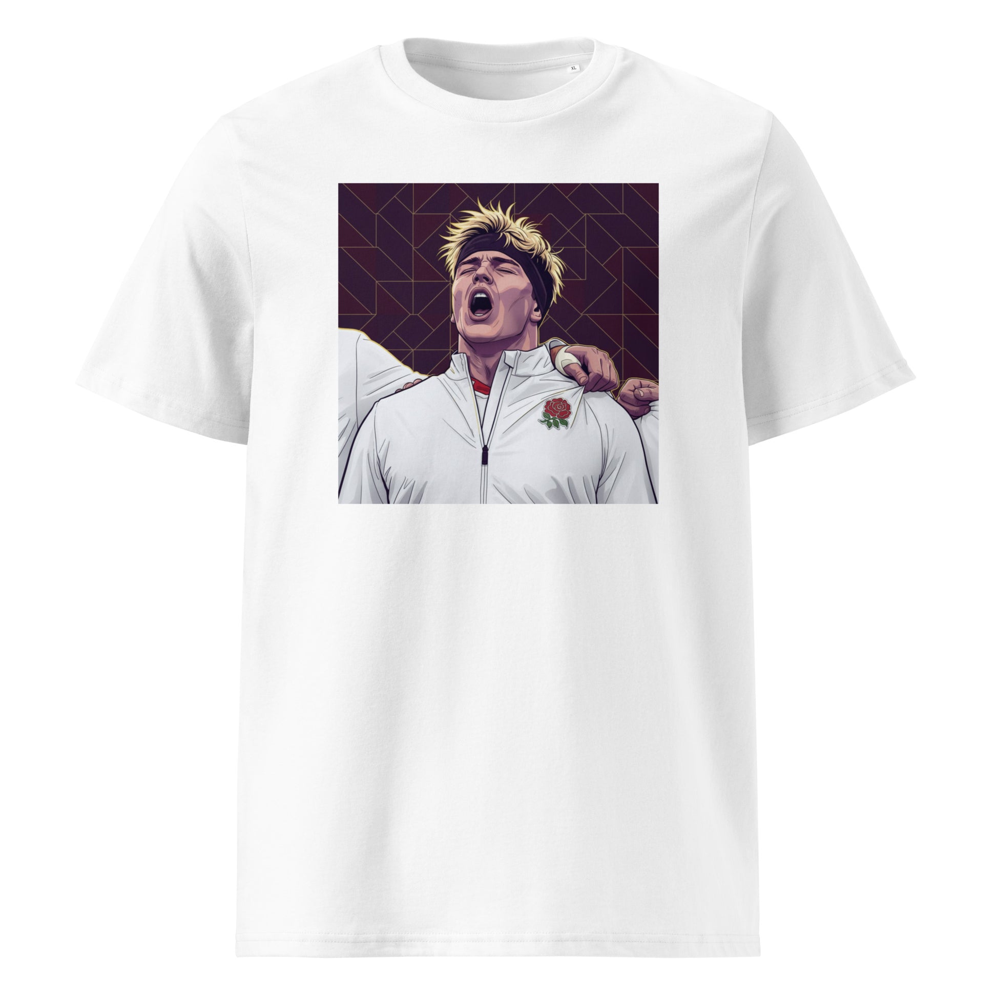 White rugby t-shirt featuring a pop art style portrait of Henry Pollock singing the anthem in an England rugby top