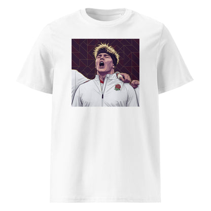 White rugby t-shirt featuring a pop art style portrait of Henry Pollock singing the anthem in an England rugby top