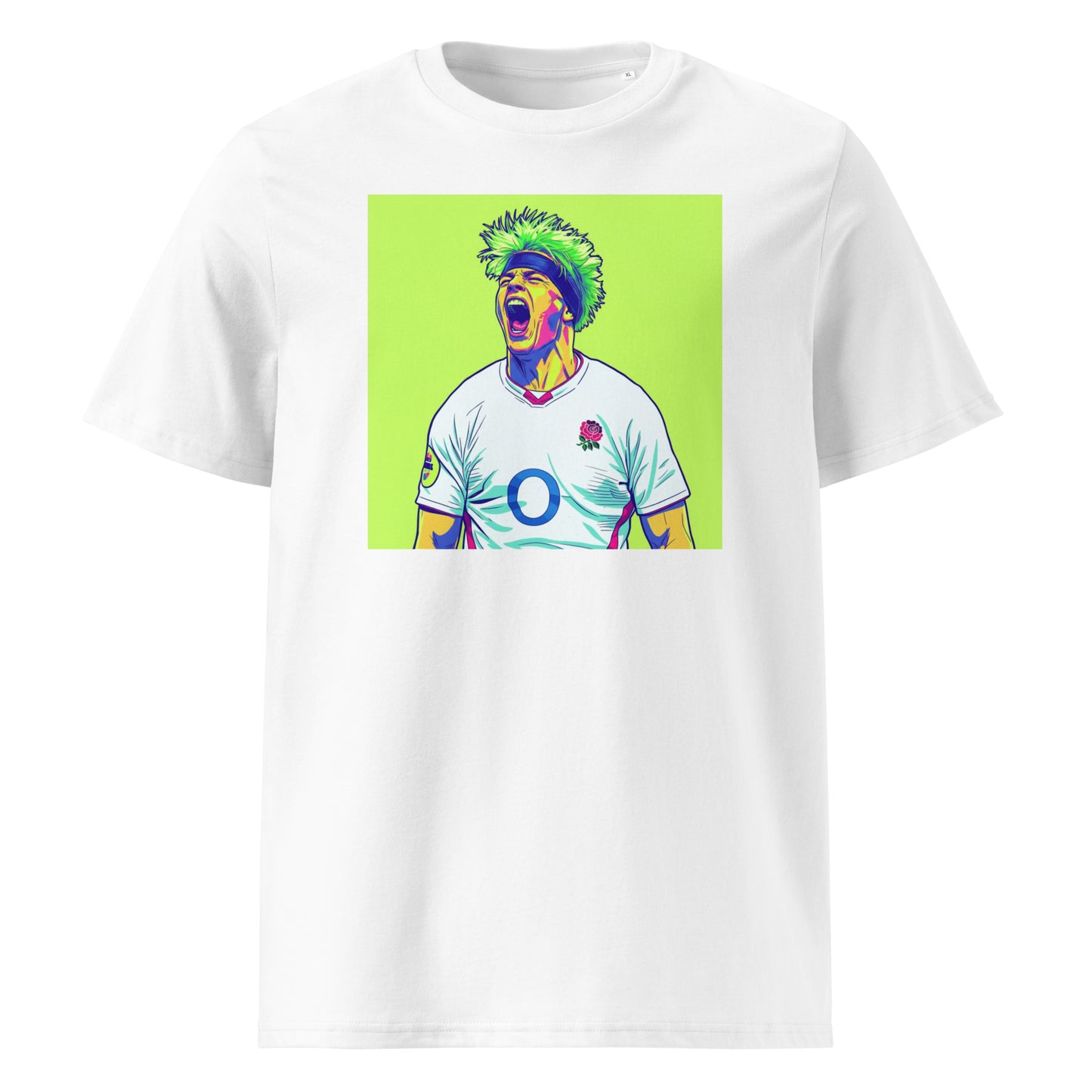 White rugby t-shirt featuring a bold pop art portrait of Henry Pollock in an England rugby jersey on a bright neon green background
