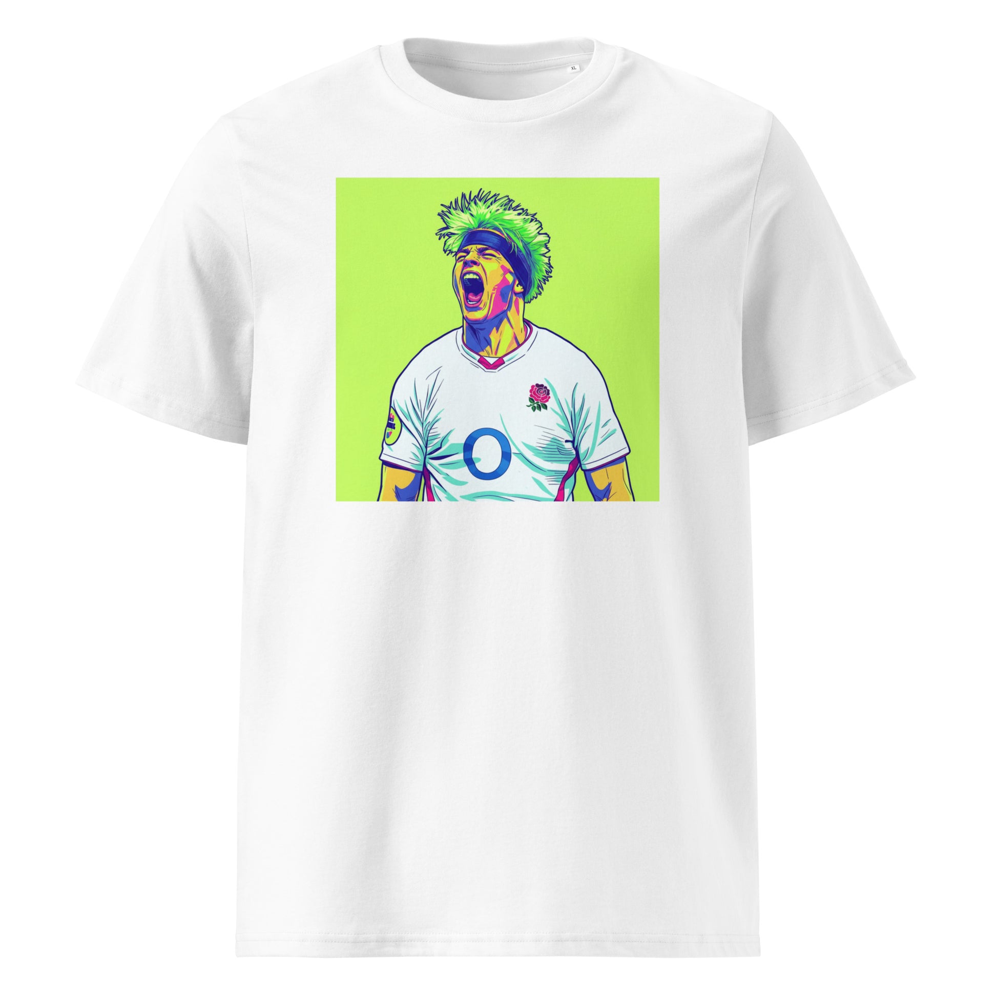 White rugby t-shirt featuring a bold pop art portrait of Henry Pollock in an England rugby jersey on a bright neon green background
