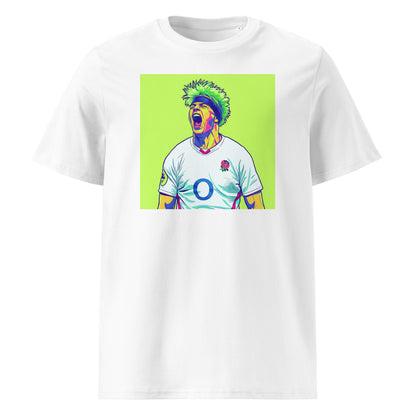 White rugby t-shirt featuring a bold pop art portrait of Henry Pollock in an England rugby jersey on a bright neon green background