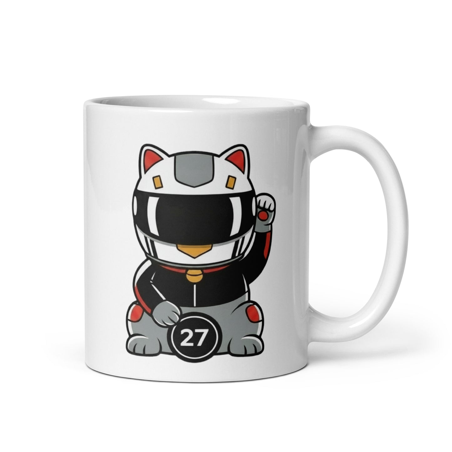 Motorsport-inspired lucky cat mug with clean helmet styling and #27 coin detail perfect for race mornings and desk flex energy.