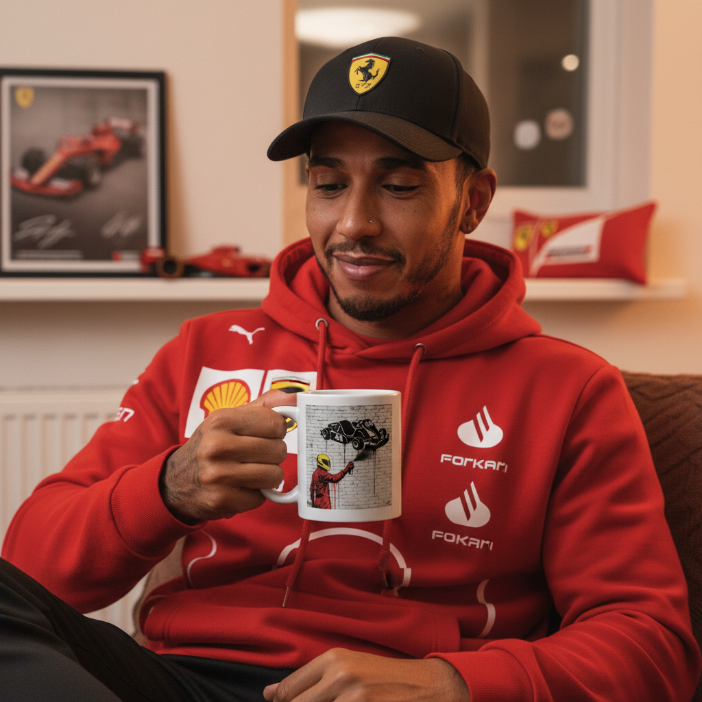 A male Lewis Hamilton and Ferrari fan at home in Ferrari gear, holding the Scuderia Series: Humble Beginnings Graffiti Mug with a kart and number 44 spray-paint design.