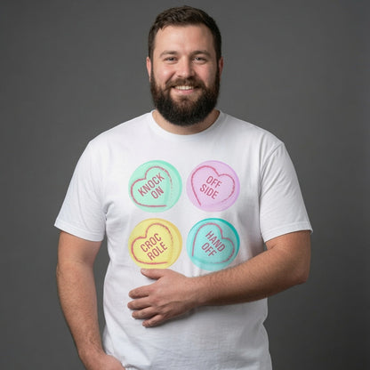 Rugby Love Hearts T‑Shirt – Knock On Off Side Croc Roll Hand Off