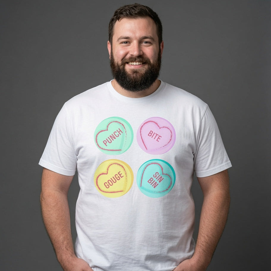 Rugby Love Hearts T‑Shirt – Punch Bite Gouge Sin Bin