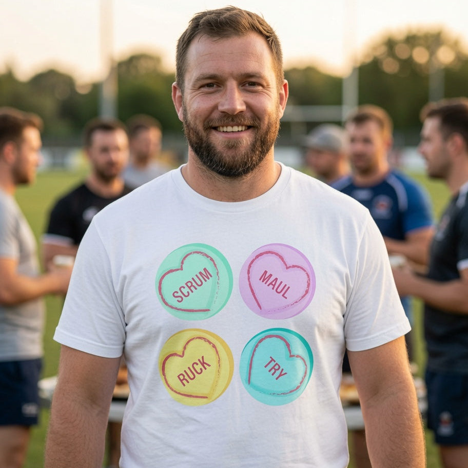 Rugby Love Hearts T‑Shirt – Scrum Maul Ruck Try