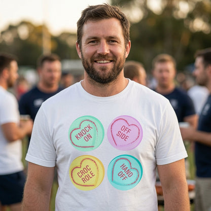 Rugby Love Hearts T‑Shirt – Knock On Off Side Croc Roll Hand Off