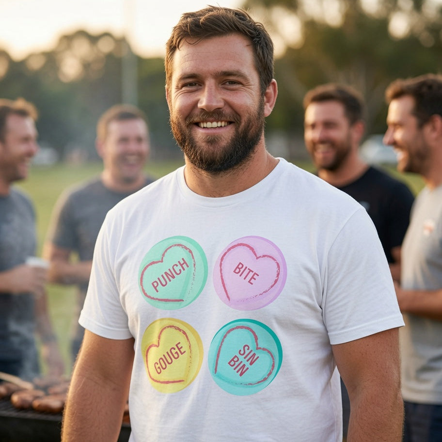 Rugby Love Hearts T‑Shirt – Punch Bite Gouge Sin Bin
