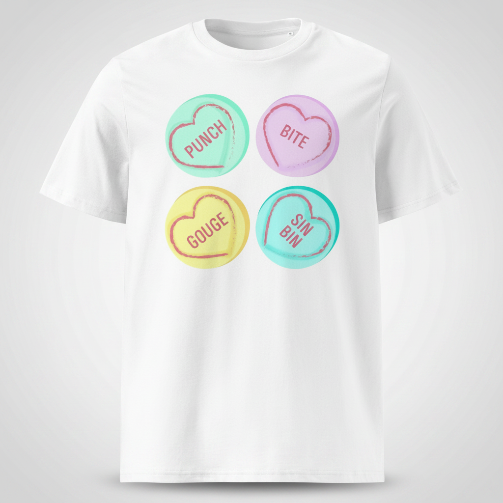 Rugby Love Hearts T‑Shirt – Punch Bite Gouge Sin Bin