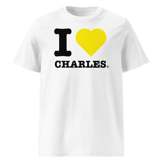 Front view of the I ♥ CHARLES t-shirt with a Ferrari yellow heart – a tribute to Charles Leclerc and Scuderia fans.