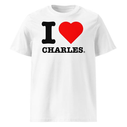 Front view of the I ♥ CHARLES t-shirt with a classic red heart – a timeless tribute to Charles Leclerc.