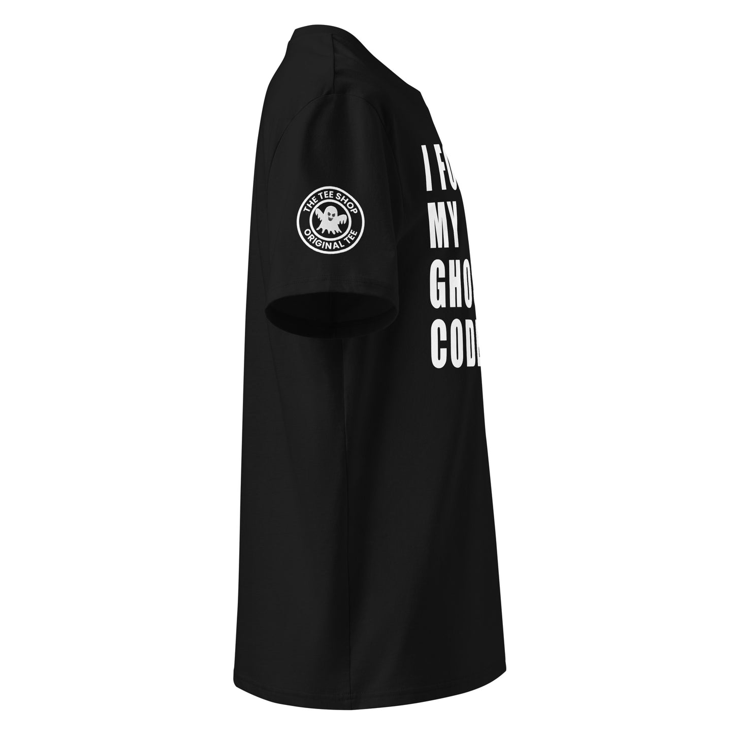 See the right view of the "I FORGOT MY GHOST CODE" Black T-Shirt, featuring TheTeeShop logo. Ideal for car meets and automotive events!