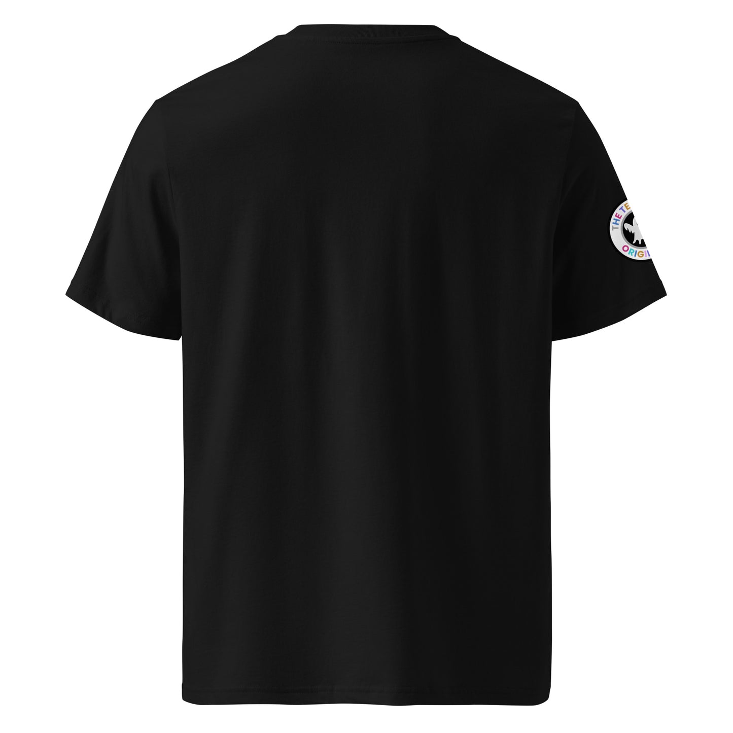 Back view of black unisex t-shirt with plain design. No rear print, highlighting the multi-colour front slogan and ghost logo sleeve patch. DTF print, perfect for car meet enthusiasts.