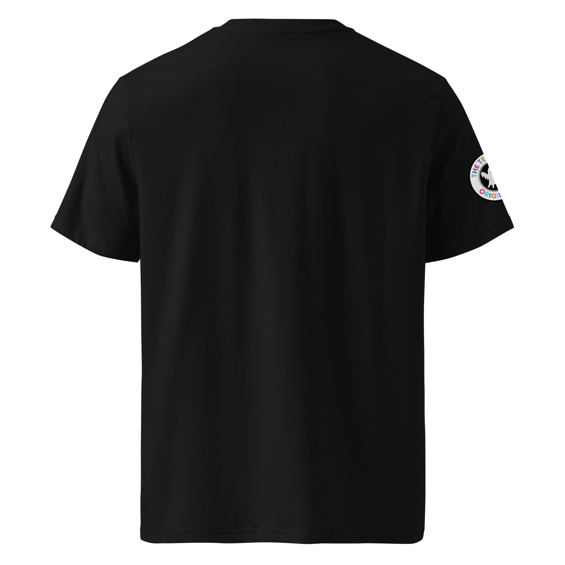 Back view of black unisex t-shirt with plain design. No rear print, highlighting the multi-colour front slogan and ghost logo sleeve patch. DTF print, perfect for car meet enthusiasts.