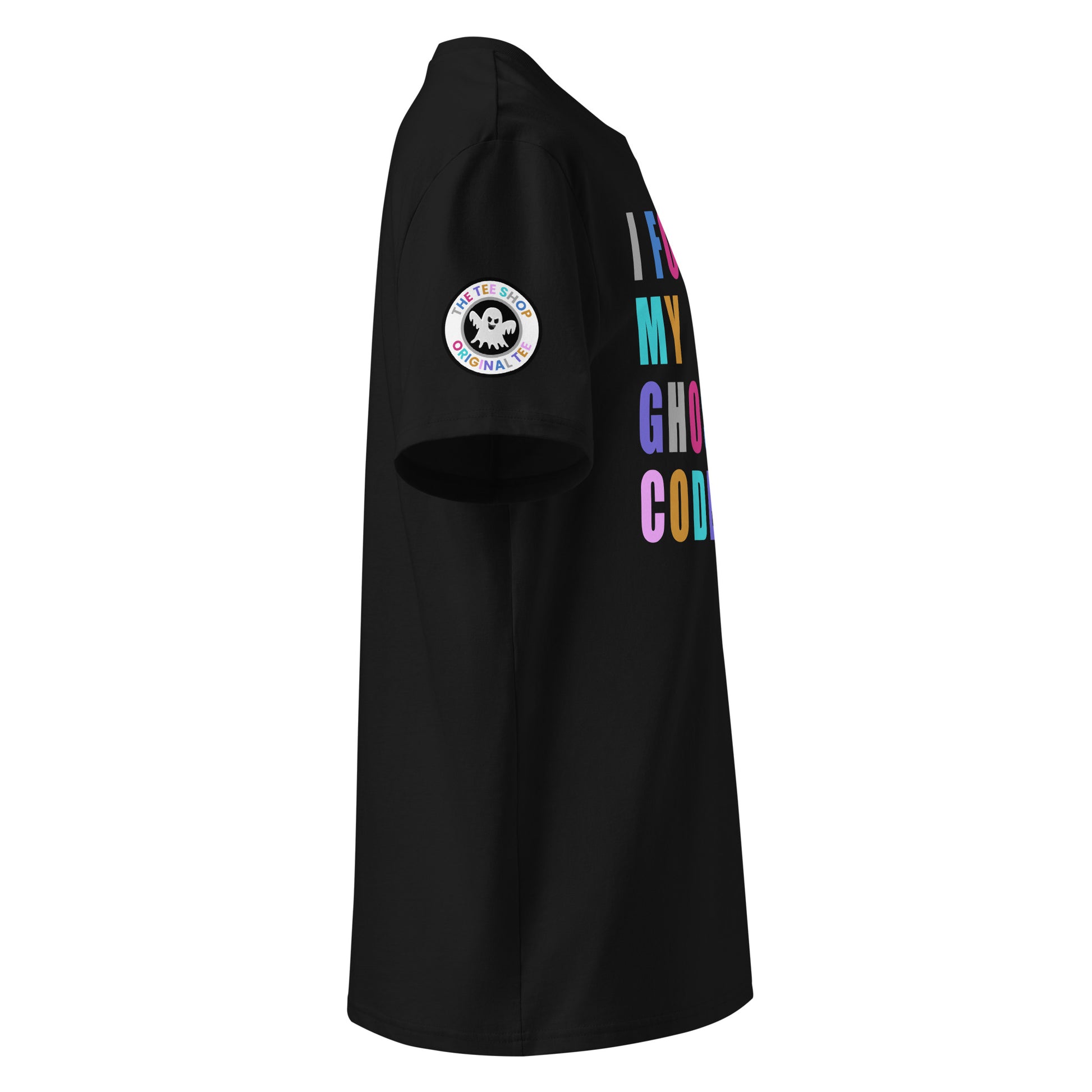 Right side view of black t-shirt showing The Tee Shop’s ghost logo patch on the sleeve and edge of the multi-colour “I FORGOT MY GHOST CODE” chest print. DTF print, car meet inside joke.

