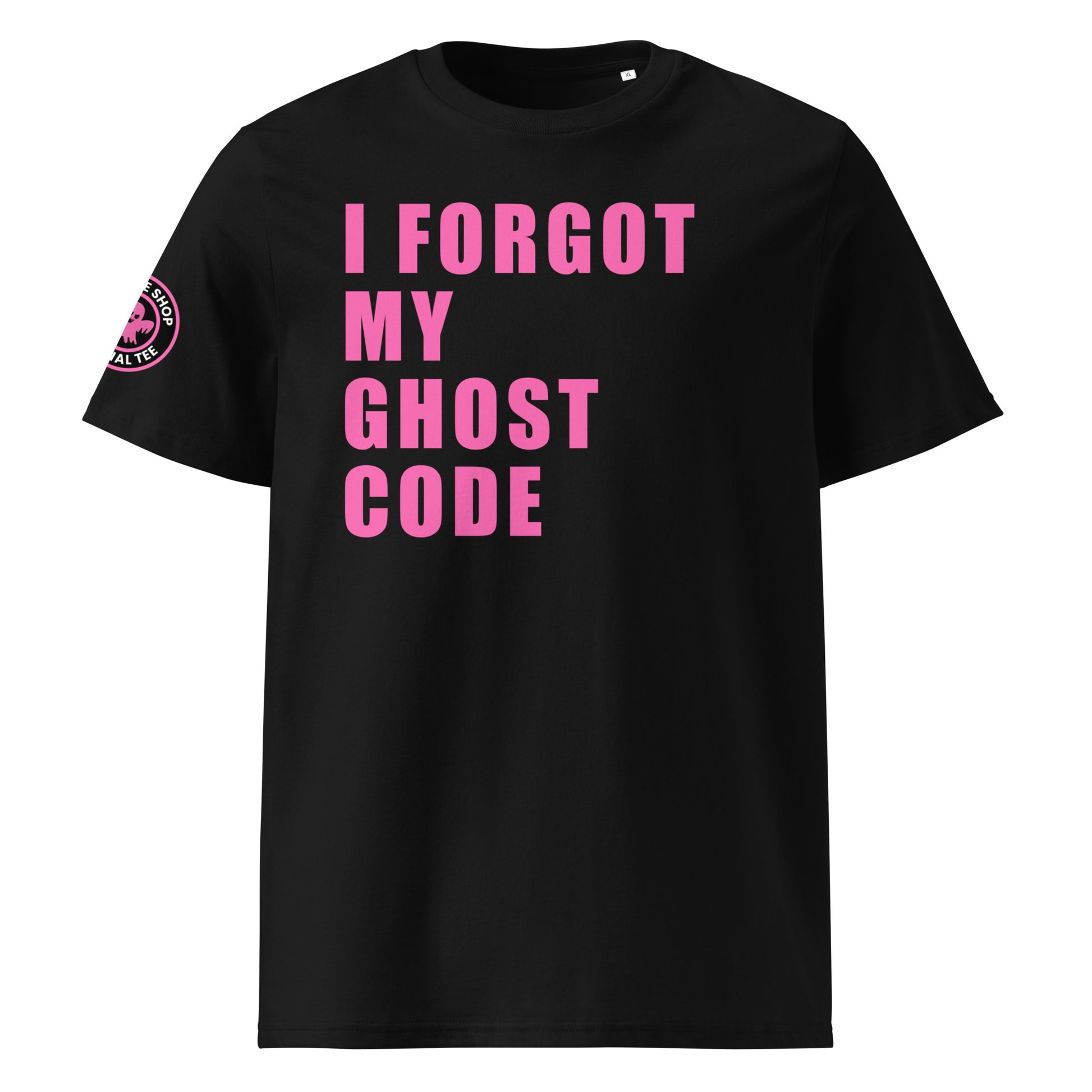 Front view of black unisex t-shirt with bold pink “I FORGOT MY GHOST CODE” slogan in large font across the chest. DTF print, perfect for Ghost immobiliser users and car meet fans.