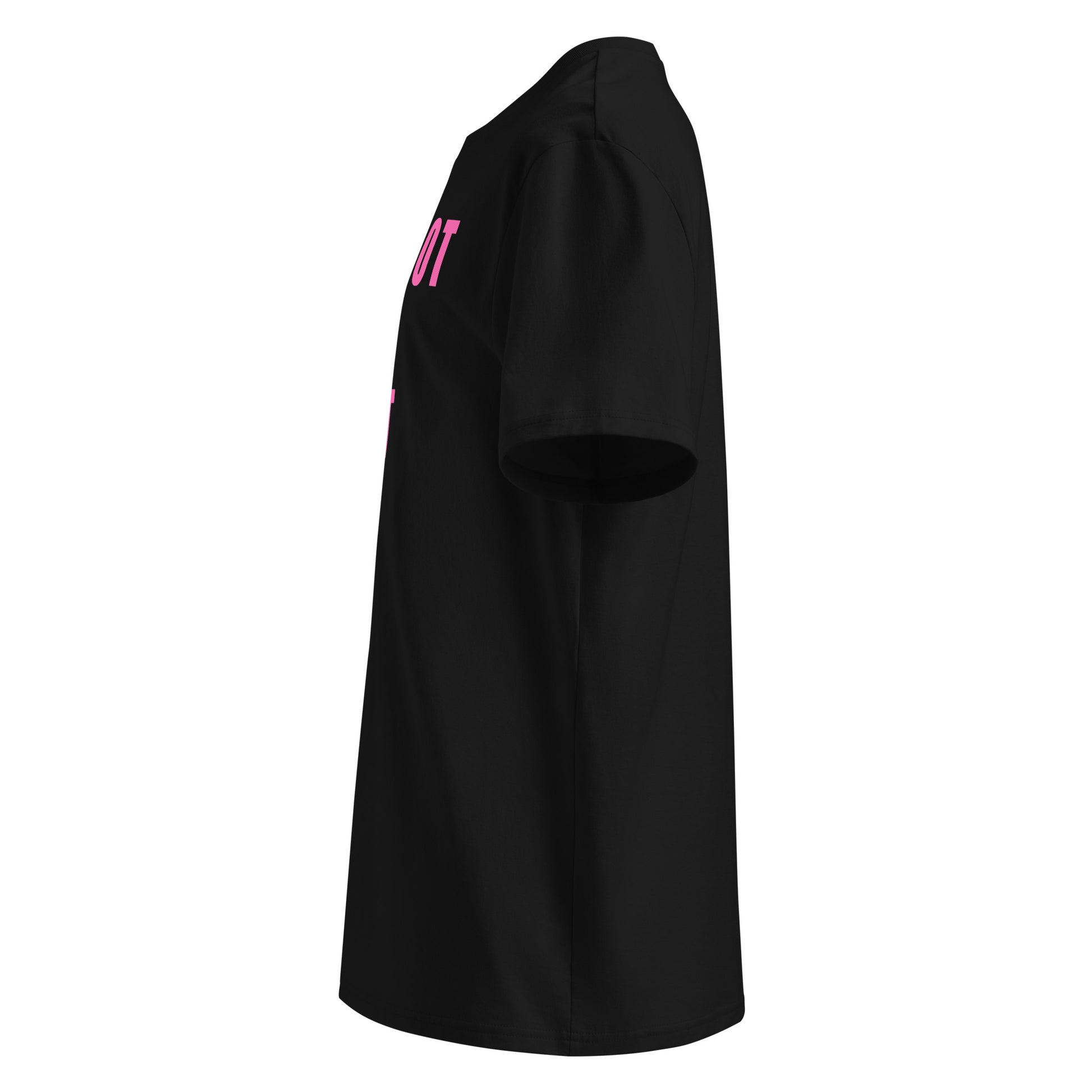 Left side view of black unisex t-shirt, plain sleeve, visible side of the pink “I FORGOT MY GHOST CODE” chest print. Minimalist, car meet fan style.