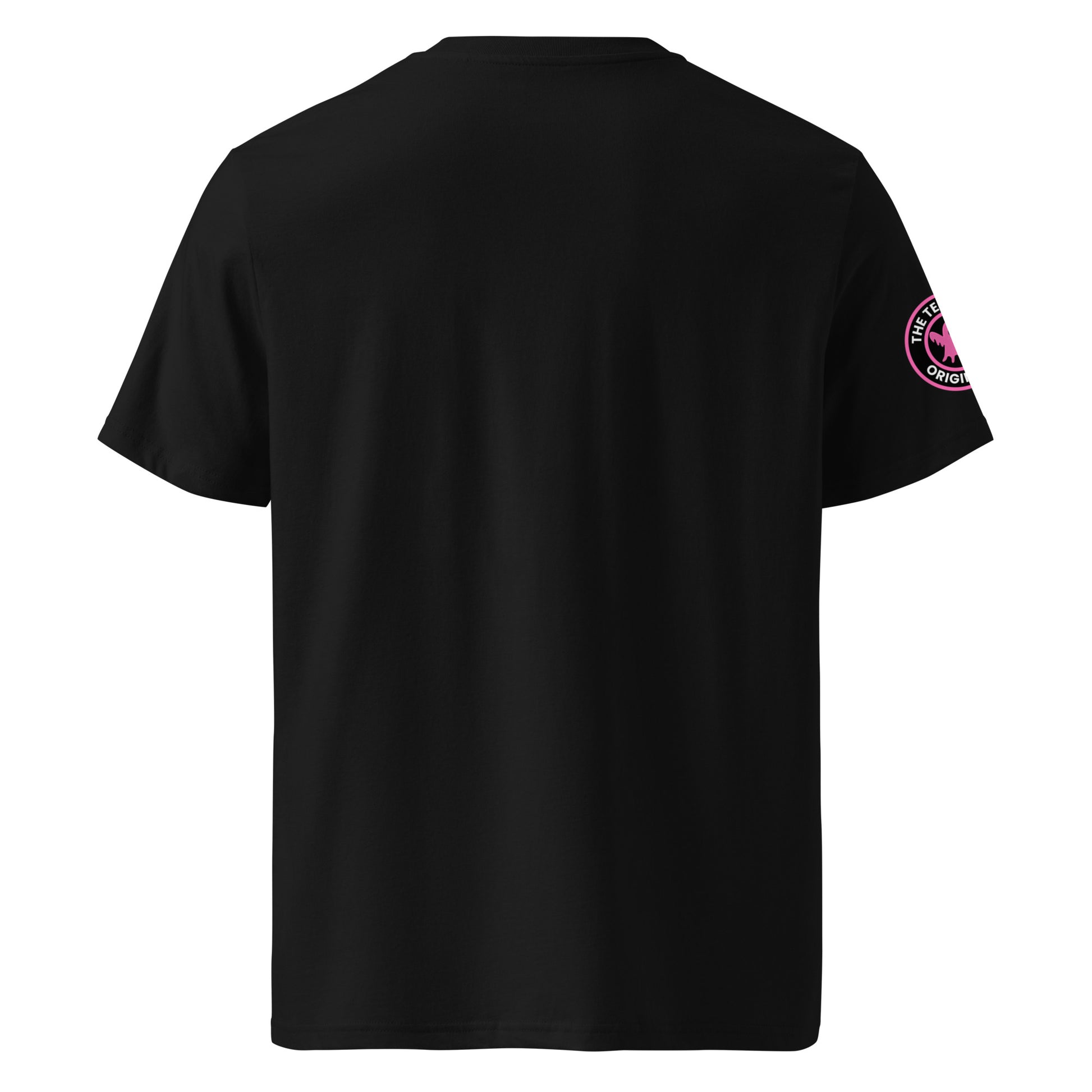 Back view of black unisex t-shirt with plain design. No rear print, highlighting the bold front pink slogan and ghost logo sleeve patch. DTF print, perfect for car meet enthusiasts.