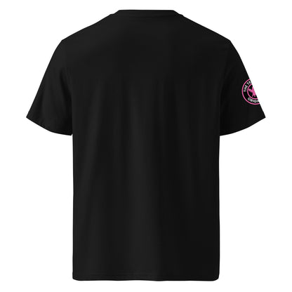 Back view of black unisex t-shirt with plain design. No rear print, highlighting the bold front pink slogan and ghost logo sleeve patch. DTF print, perfect for car meet enthusiasts.