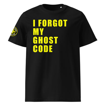 Front view of black unisex t-shirt with bold yellow “I FORGOT MY GHOST CODE” slogan in large font across the chest. DTF print, perfect for Ghost immobiliser users and car meet fans.
