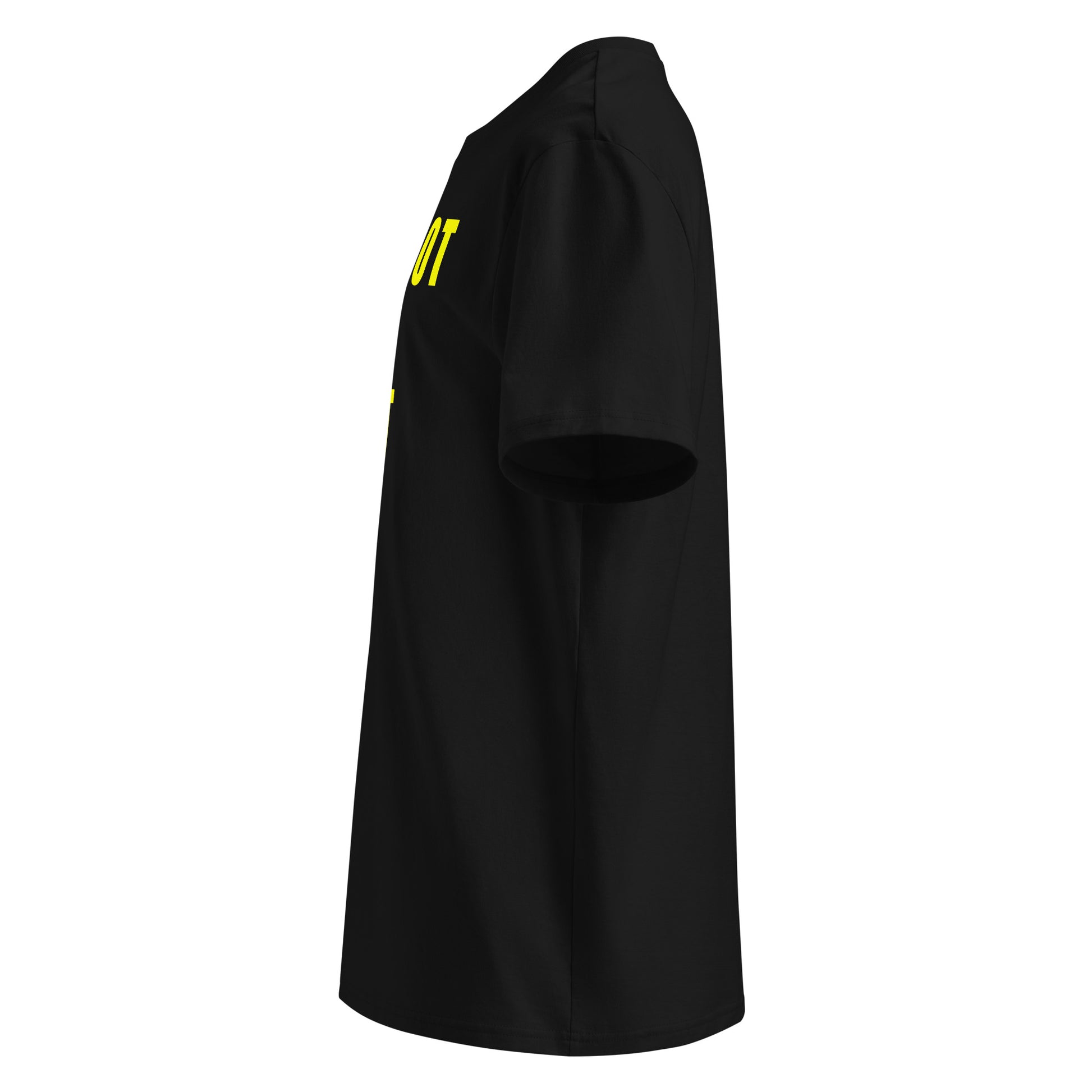 Left side view of black unisex t-shirt, plain sleeve, visible side of the yellow “I FORGOT MY GHOST CODE” chest print. Minimalist, car meet fan style.