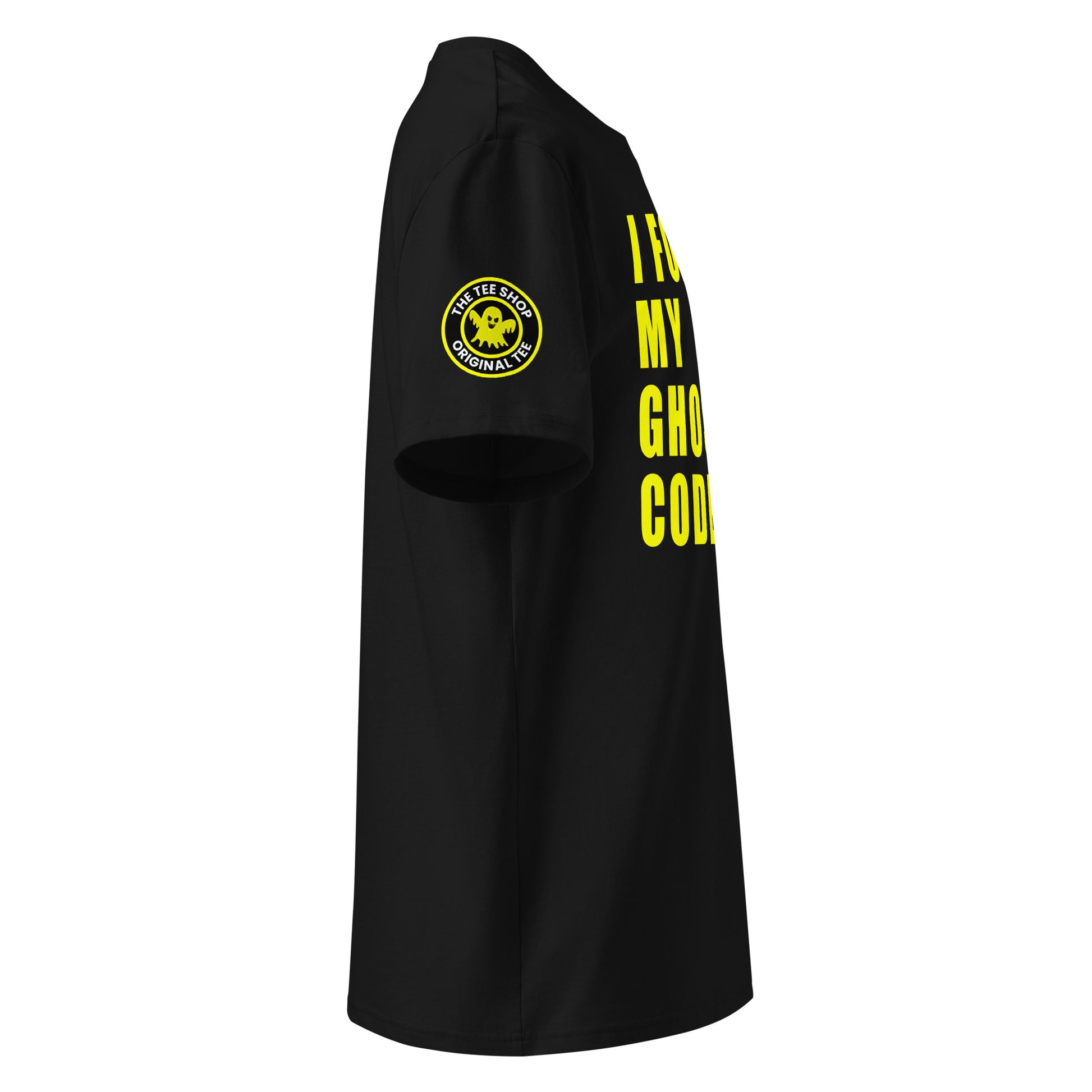 Right side view of black t-shirt showing The Tee Shop’s ghost logo patch on the sleeve and edge of the yellow “I FORGOT MY GHOST CODE” chest print. DTF print, car meet inside joke.
