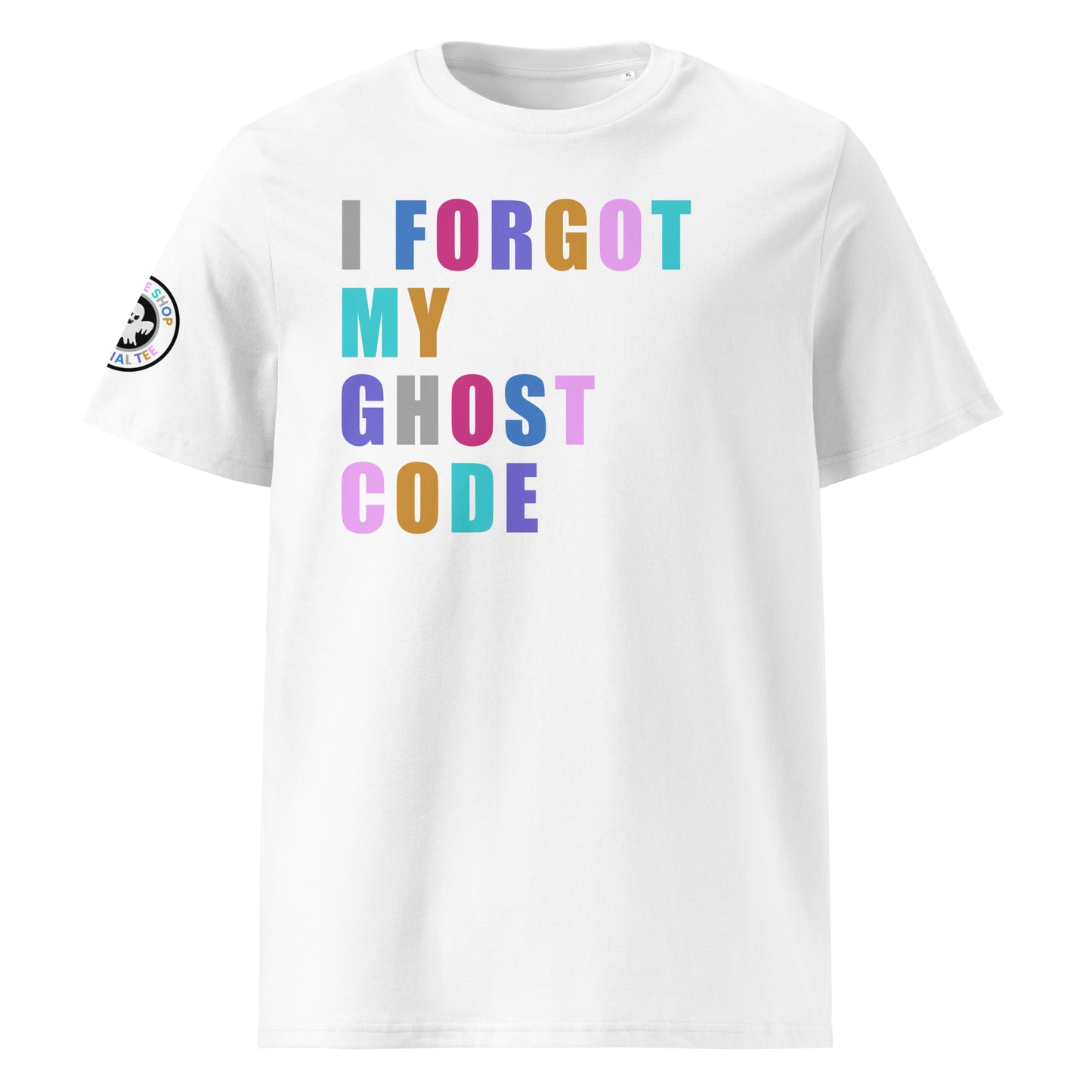 Front view of white unisex t-shirt with “I FORGOT MY GHOST CODE” slogan in multi-colour harlequin print across the chest. DTF print, perfect for Ghost immobiliser users and car meet fans.