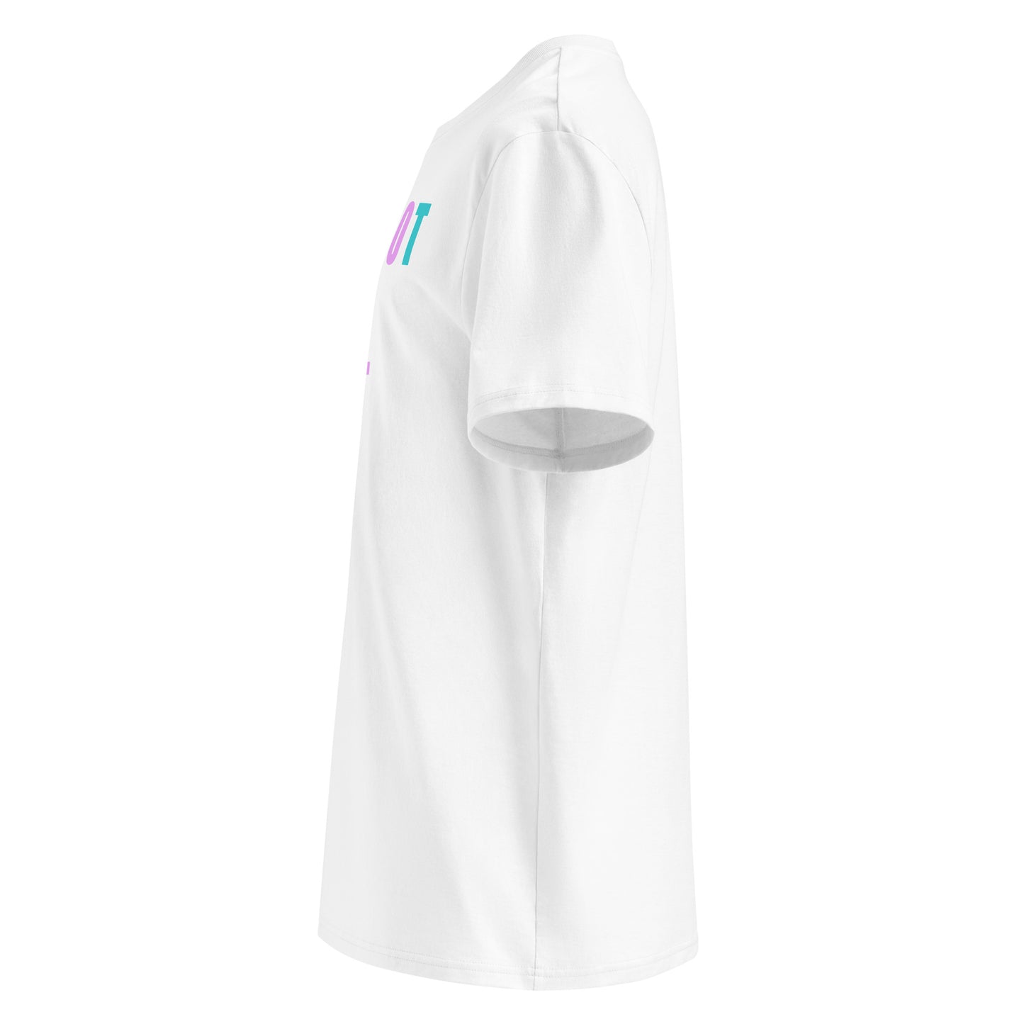 Left side view of white unisex t-shirt, plain sleeve, visible side of the colourful “I FORGOT MY GHOST CODE” chest print. Bold, playful car meet style.