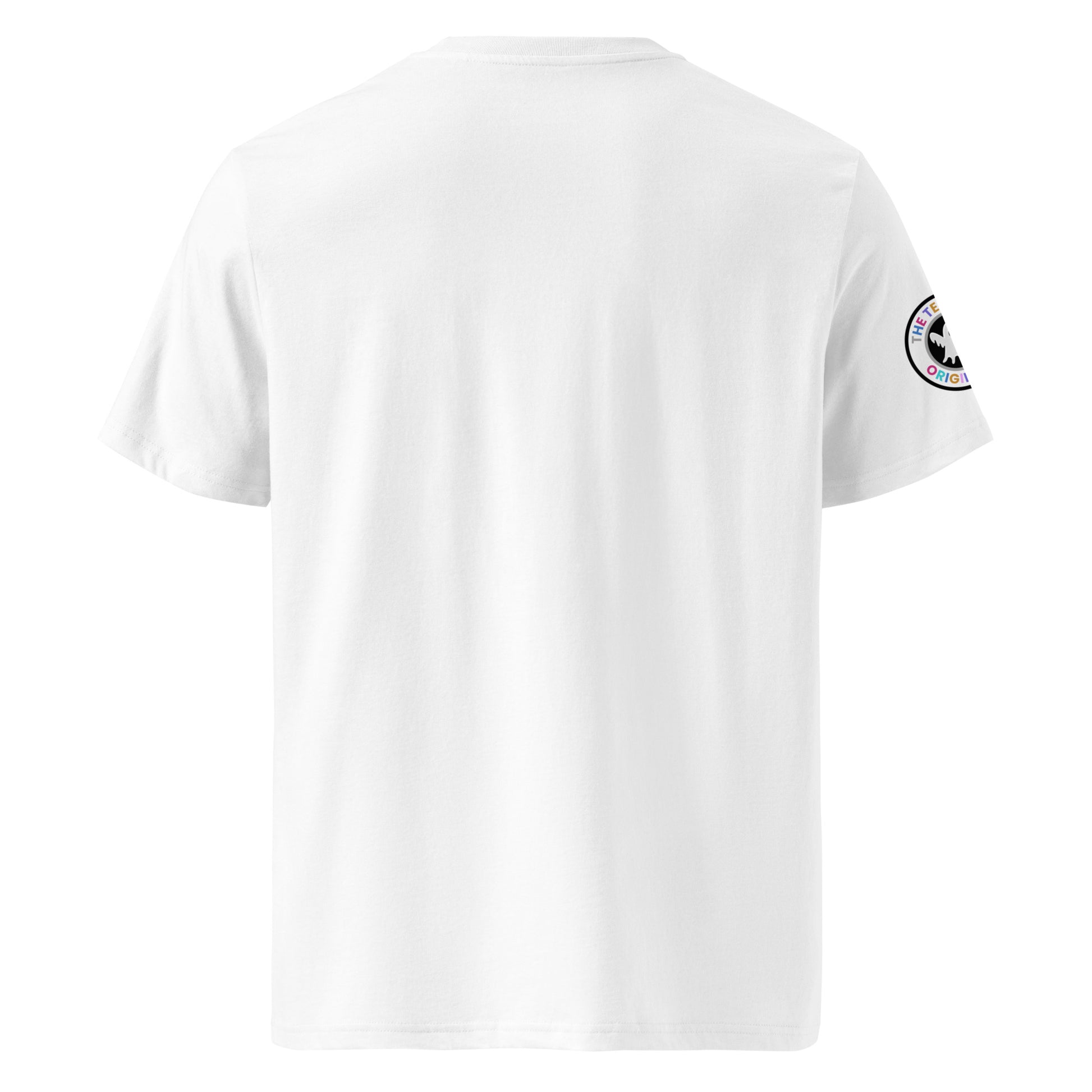 Back view of white unisex t-shirt with plain design. No rear print, highlighting the multi-colour front slogan and ghost logo sleeve patch. DTF print, perfect for car meet enthusiasts.