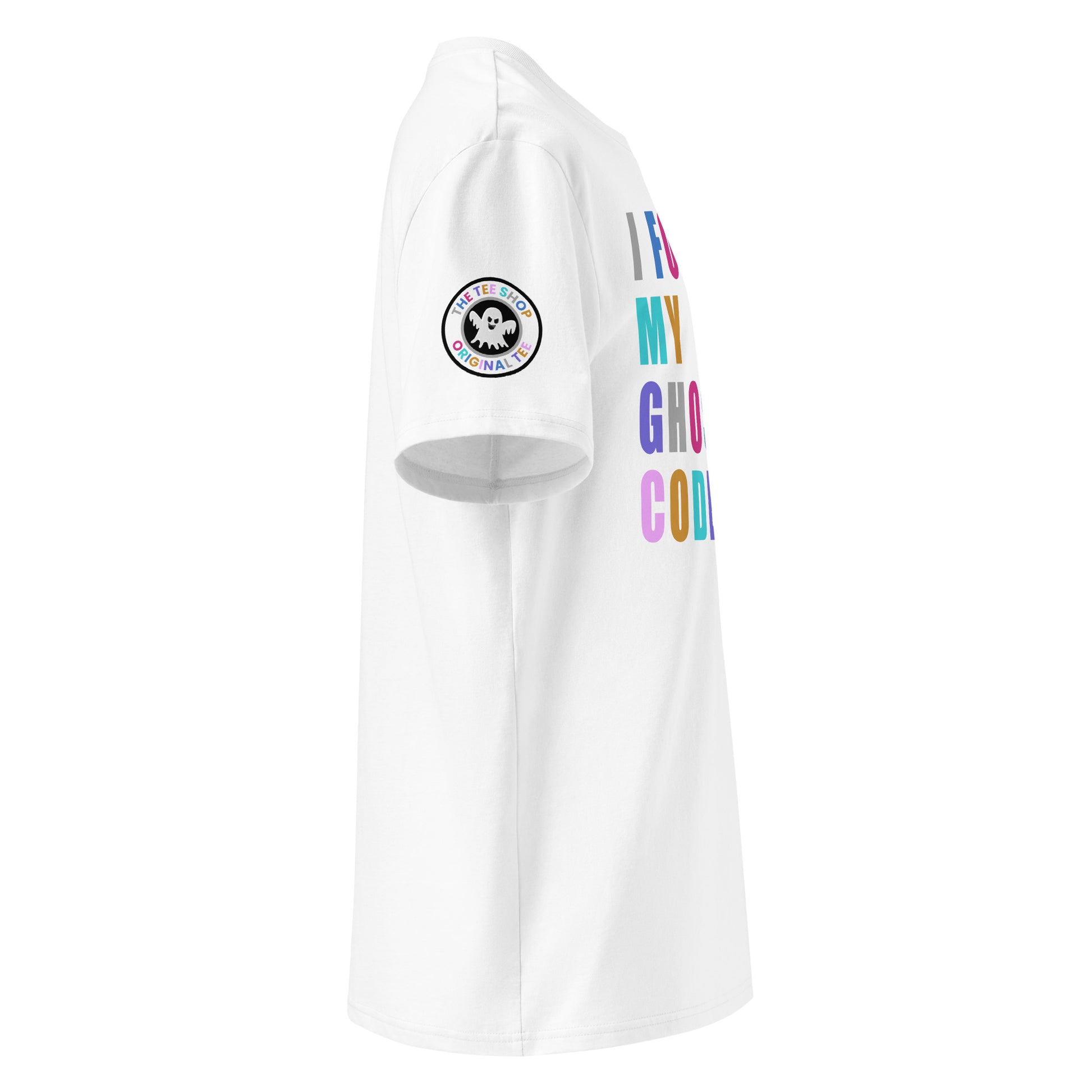 Right side view of white t-shirt showing The Tee Shop’s ghost logo patch on the sleeve and edge of the multi-colour “I FORGOT MY GHOST CODE” chest print. DTF print, car meet inside joke.