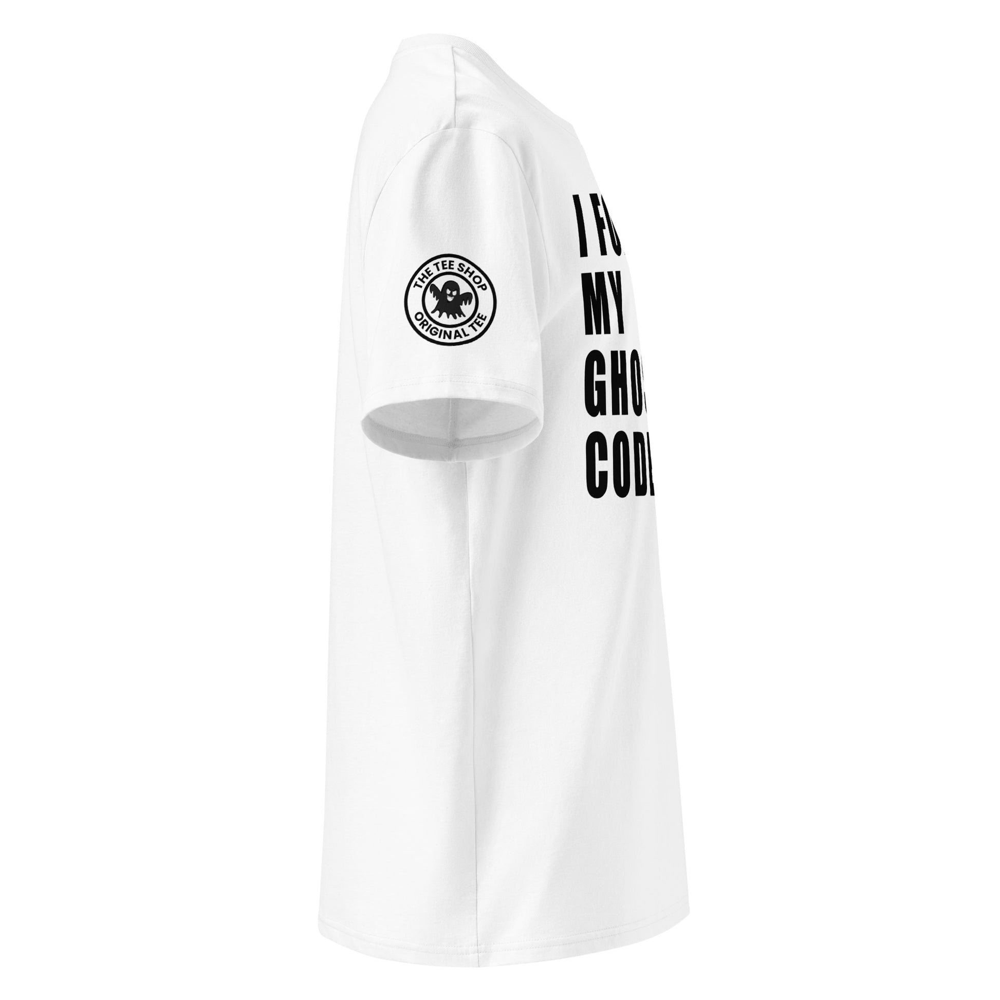 Left side view of white unisex t-shirt, plain sleeve, visible side of the black “I FORGOT MY GHOST CODE” chest print. Minimalist, car meet fan style.