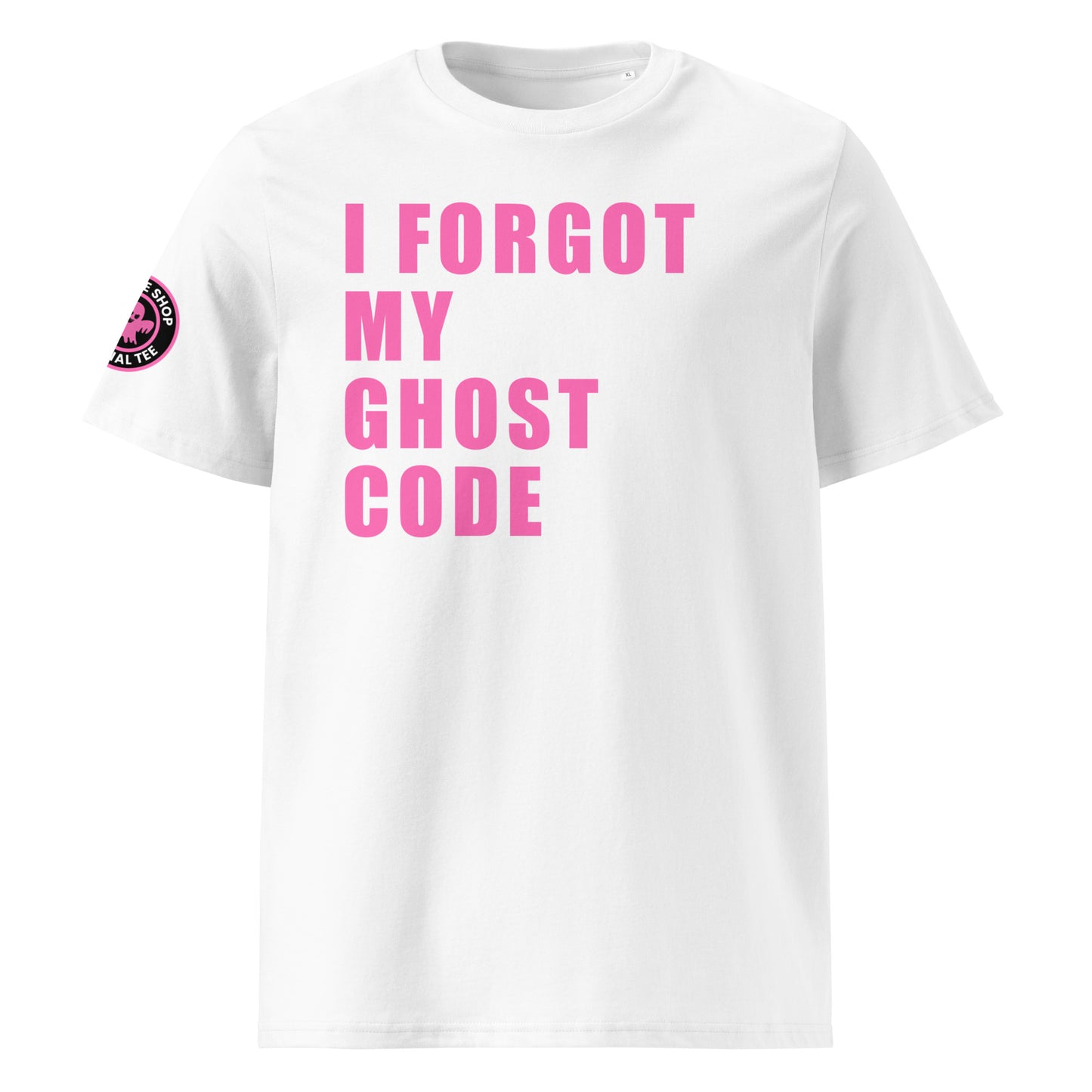Front view of white unisex t-shirt with bold pink “I FORGOT MY GHOST CODE” slogan in large font across the chest. DTF print, perfect for Ghost immobiliser users and car meet fans.