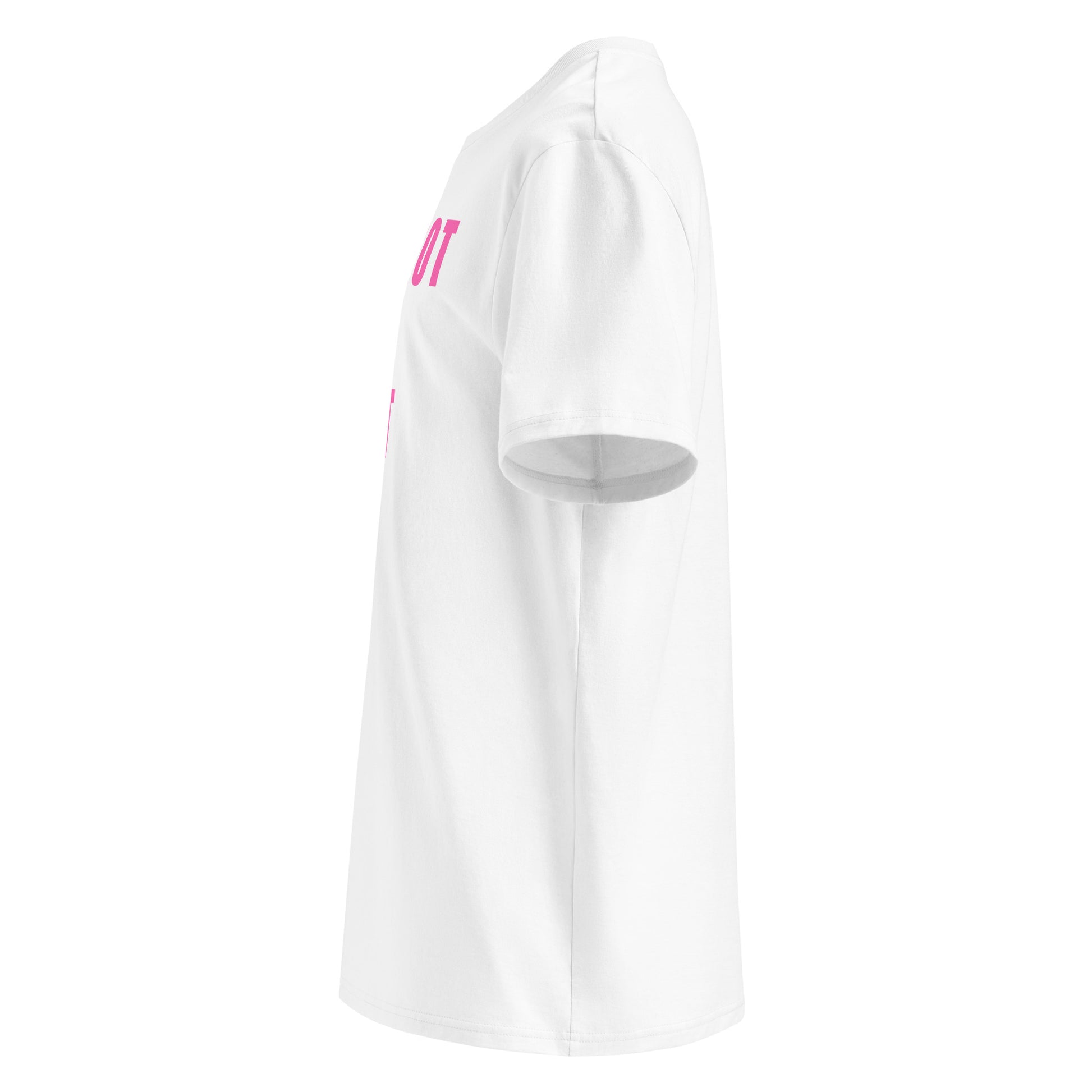 Left side view of white unisex t-shirt, plain sleeve, visible side of the pink “I FORGOT MY GHOST CODE” chest print. Minimalist, car meet fan style.