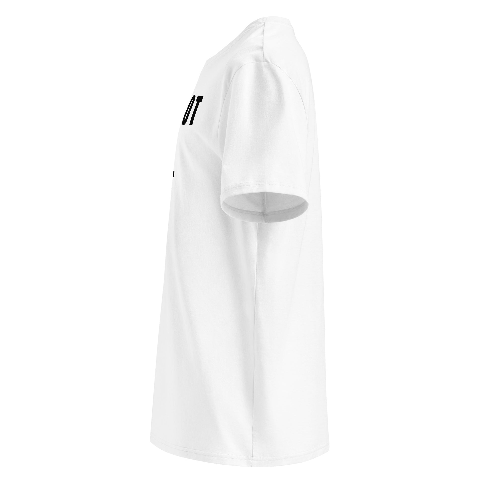 Right side view of white t-shirt showing The Tee Shop’s ghost logo patch on the sleeve and edge of the bold “I FORGOT MY GHOST CODE” chest print. DTF print, car meet inside joke.