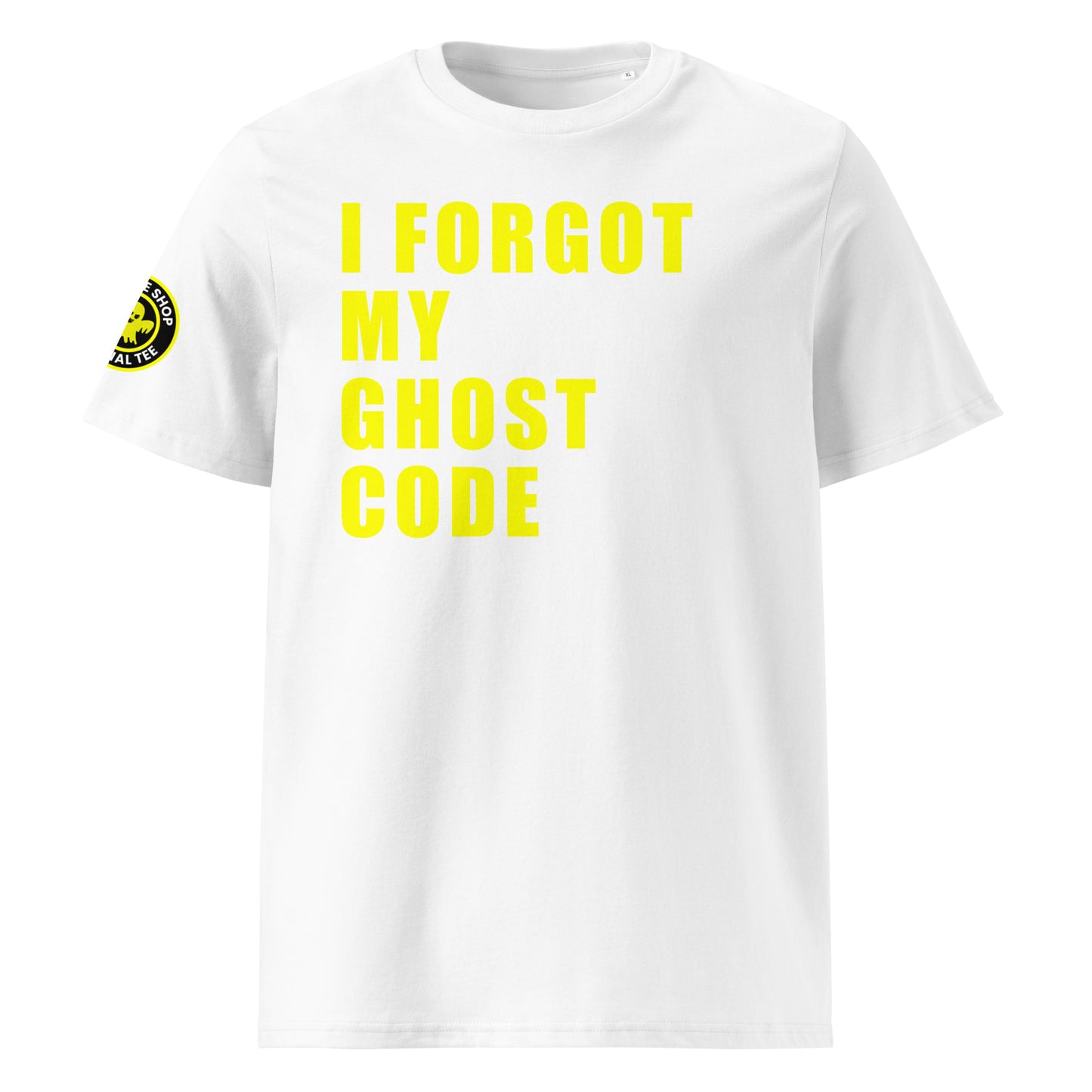 Front view of white unisex t-shirt with bold yellow “I FORGOT MY GHOST CODE” slogan in large font across the chest. DTF print, perfect for Ghost immobiliser users and car meet fans.