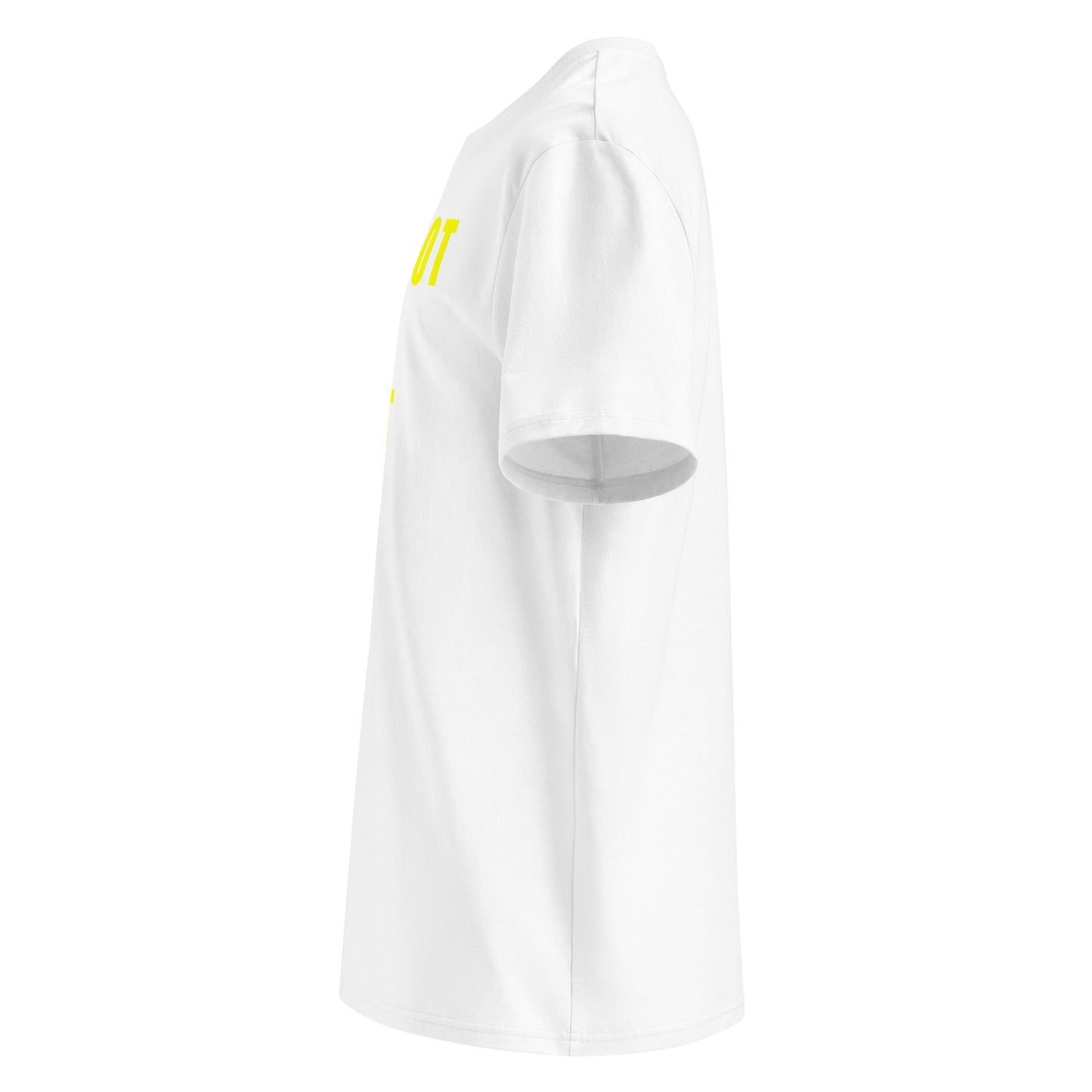 Left side view of white unisex t-shirt, plain sleeve, visible side of the yellow “I FORGOT MY GHOST CODE” chest print. Minimalist, car meet fan style.
