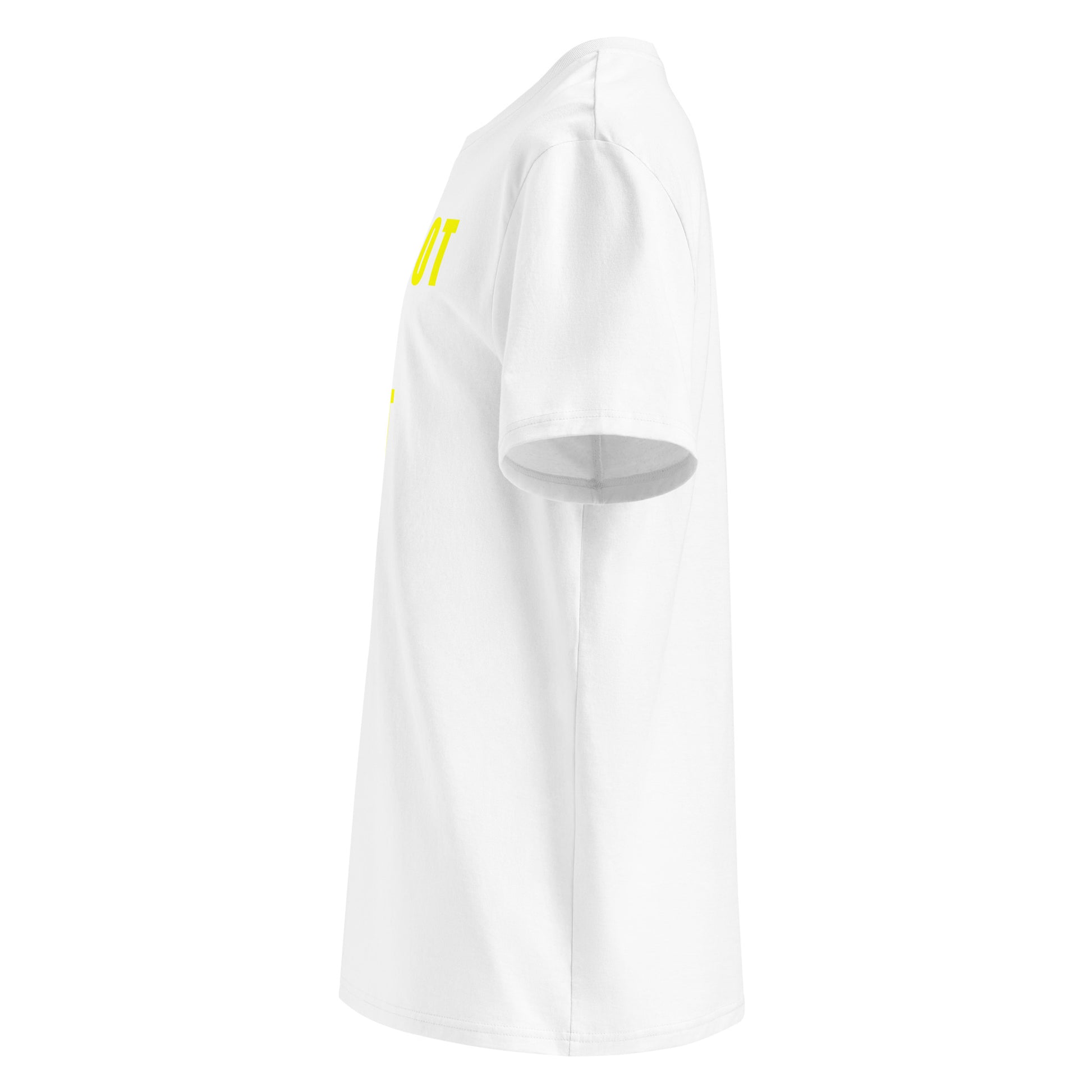 Left side view of white unisex t-shirt, plain sleeve, visible side of the yellow “I FORGOT MY GHOST CODE” chest print. Minimalist, car meet fan style.