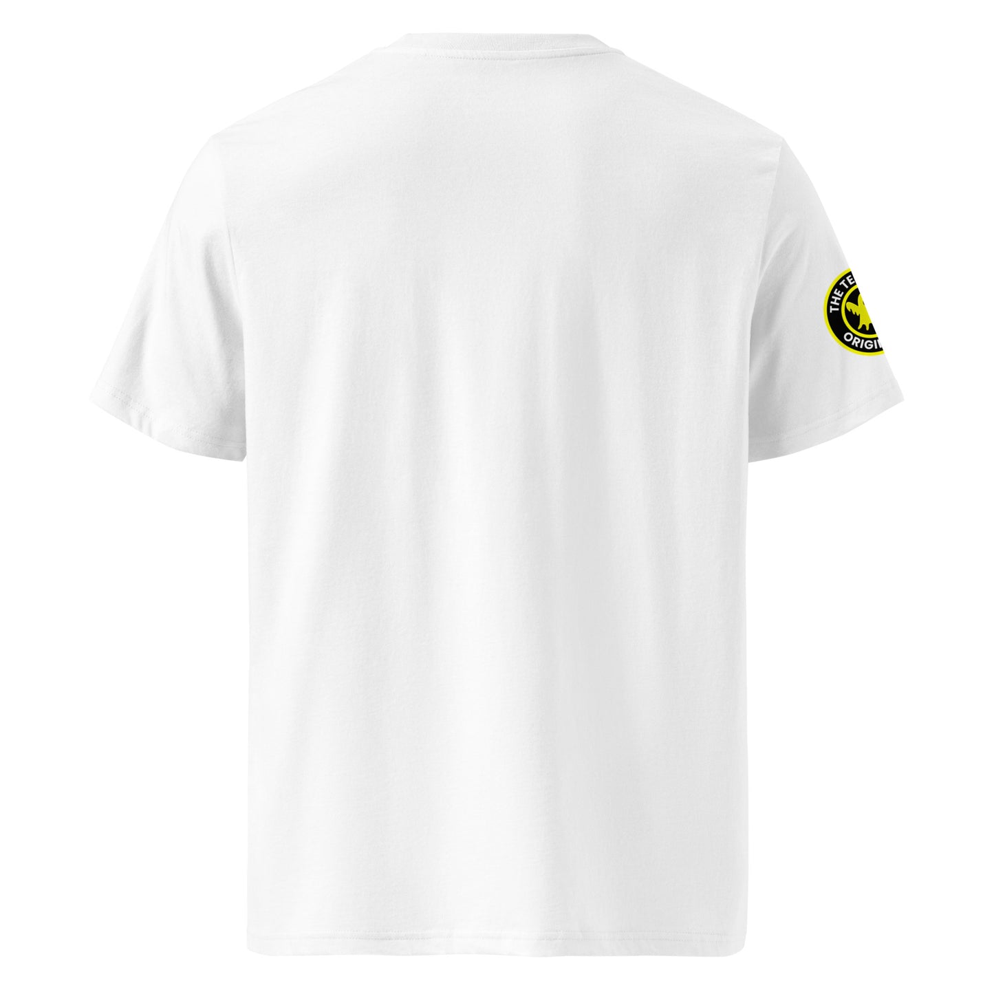 Back view of white unisex t-shirt with plain design. No rear print, highlighting the bold front yellow slogan and ghost logo sleeve patch. DTF print, perfect for car meet enthusiasts.
