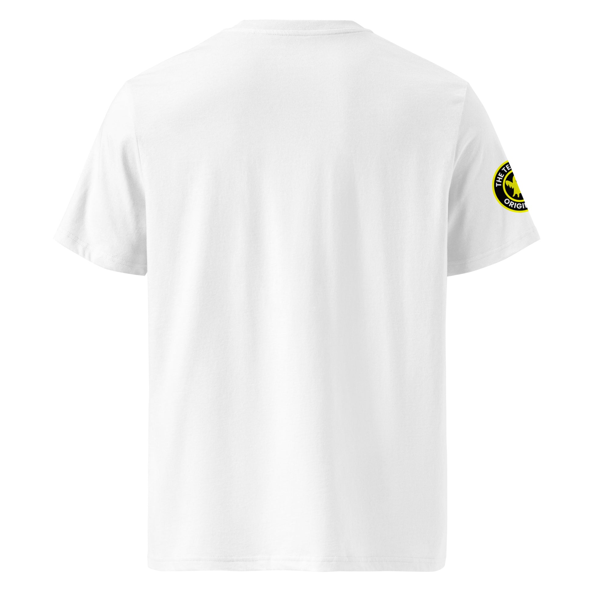 Back view of white unisex t-shirt with plain design. No rear print, highlighting the bold front yellow slogan and ghost logo sleeve patch. DTF print, perfect for car meet enthusiasts.
