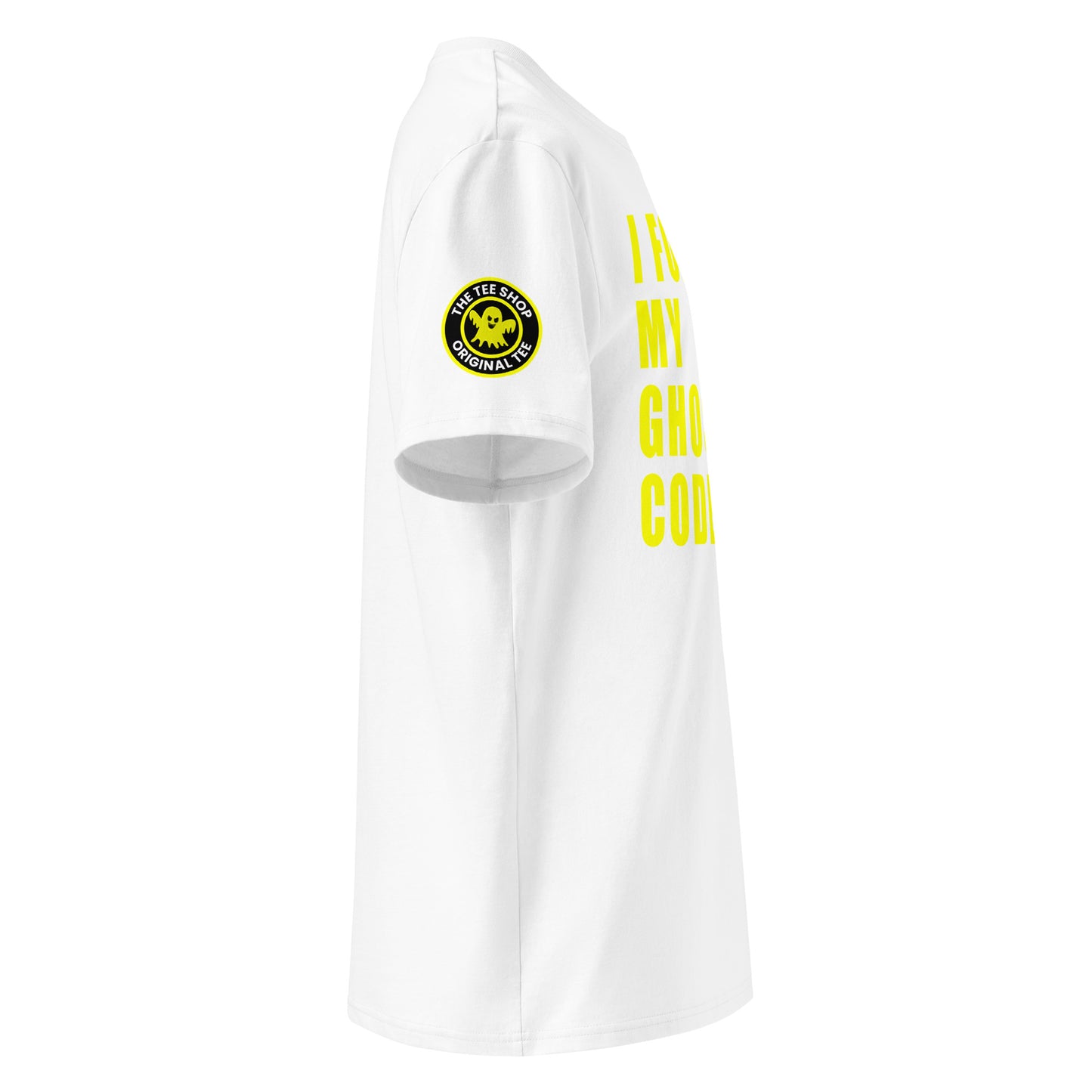 Right side view of white t-shirt showing The Tee Shop’s ghost logo patch on the sleeve and edge of the yellow “I FORGOT MY GHOST CODE” chest print. DTF print, car meet inside joke.
