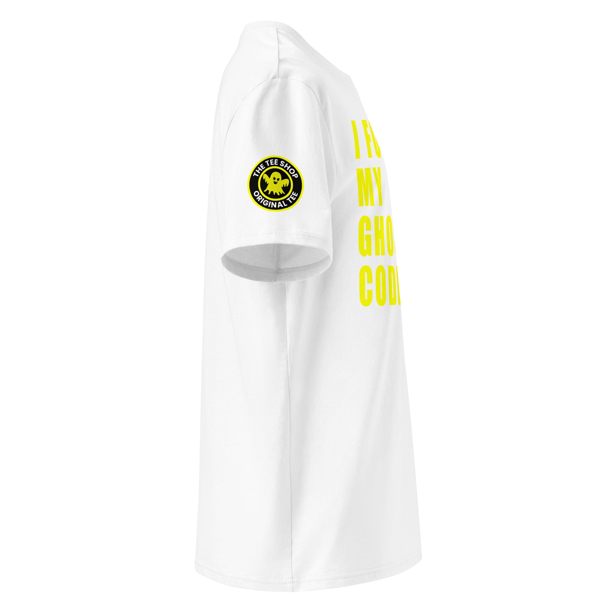 Right side view of white t-shirt showing The Tee Shop’s ghost logo patch on the sleeve and edge of the yellow “I FORGOT MY GHOST CODE” chest print. DTF print, car meet inside joke.
