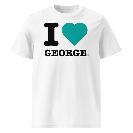 Front view of the I ♥ GEORGE t-shirt with a Mercedes green heart – a tribute to George Russell and the Silver Arrows.
