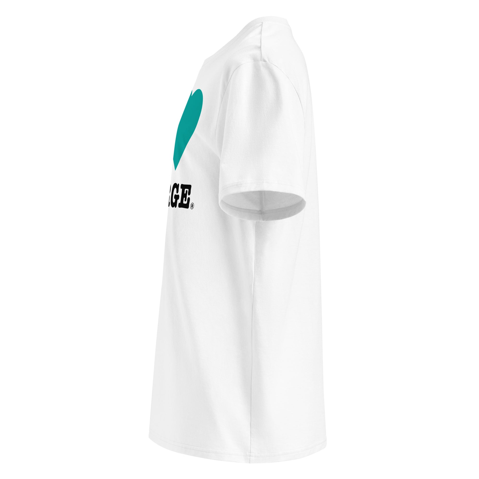 Left side angle of the I ♥ GEORGE t-shirt – showcasing the sleek Mercedes-inspired heart design.