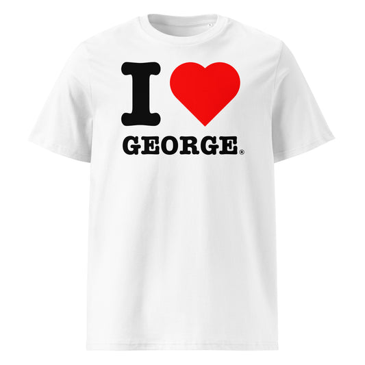 Front view of the I ♥ GEORGE t-shirt featuring bold black text and a red heart – a must-have for George Russell fans.