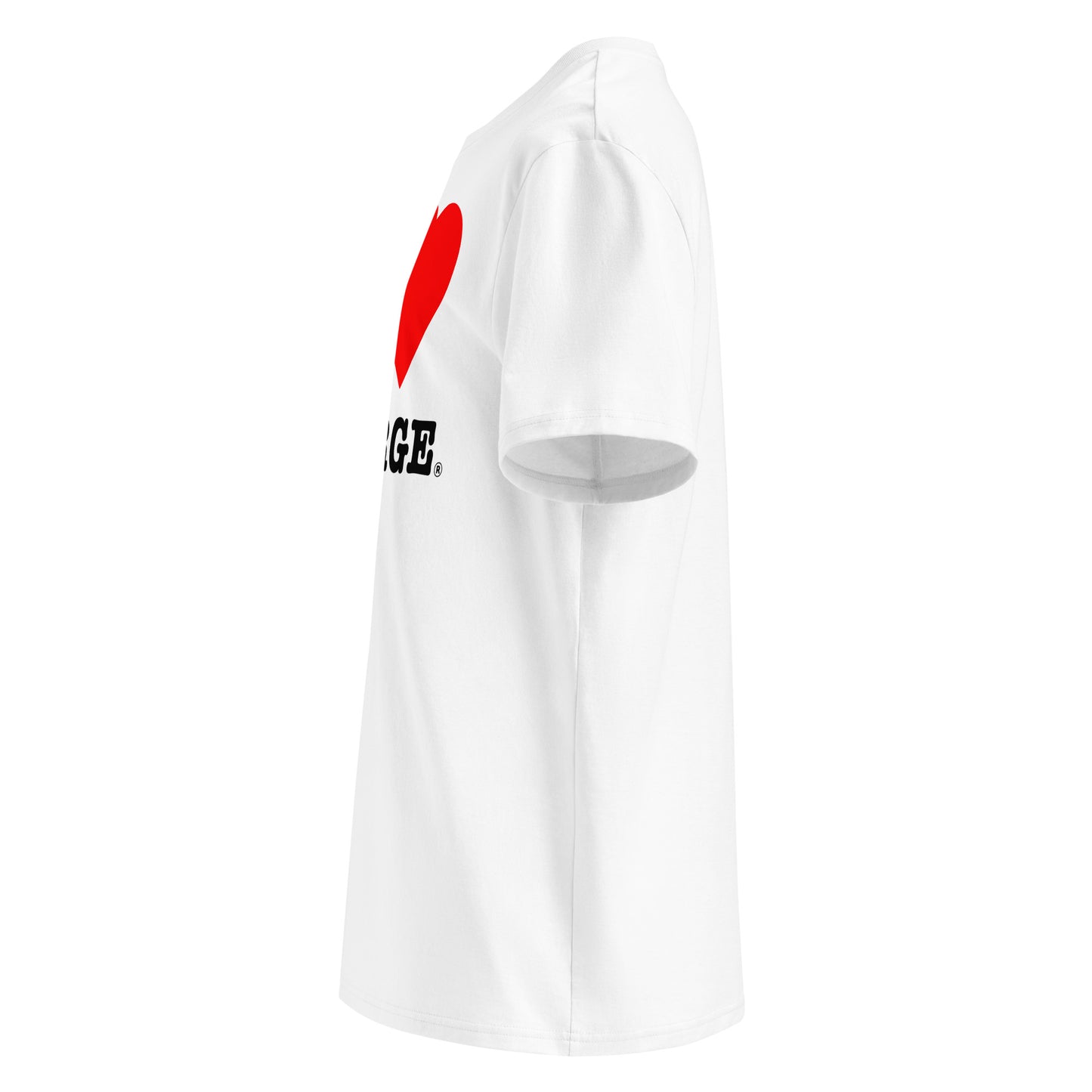 Left side angle of the I ♥ GEORGE t-shirt – showcasing the classic red heart design.