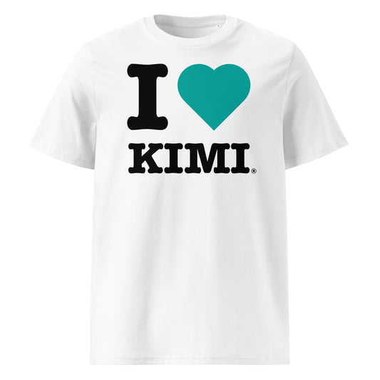 Front view of the I ♥ KIMI t-shirt with a Mercedes green heart – a tribute to Kimi Antonelli and the Silver Arrows.