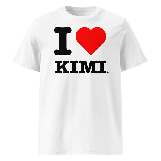 Front view of the I ♥ KIMI t-shirt featuring bold black text and a red heart – a tribute to Kimi Antonelli.